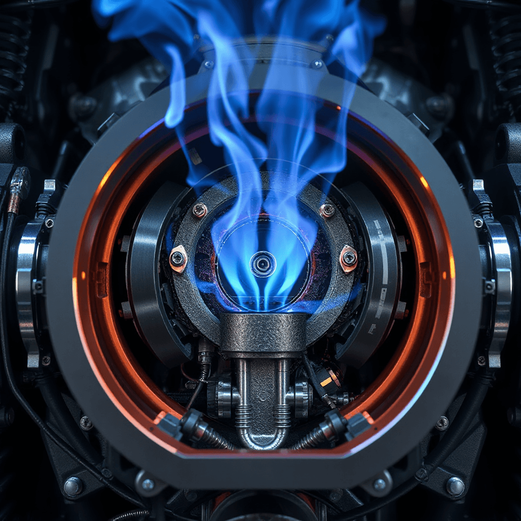 Realistic car engine combustion chamber cross section, clean blue flame combustion inside engine, reduced carbon particles, cinematic CGI, ultra detailed automotive engineering visualization