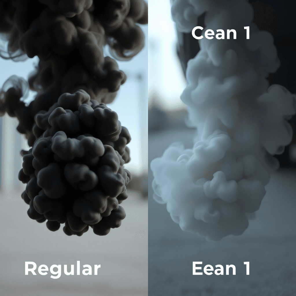 Split screen comparison between regular gasoline black smoke and clean E10 combustion, realistic exhaust visualization, cinematic automotive documentary style