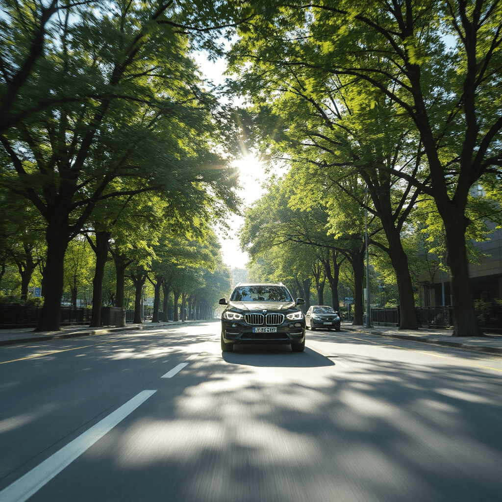 Modern vehicle driving through clean green city environment, sunlight through trees, fresh atmosphere, eco friendly automotive commercial, ultra realistic