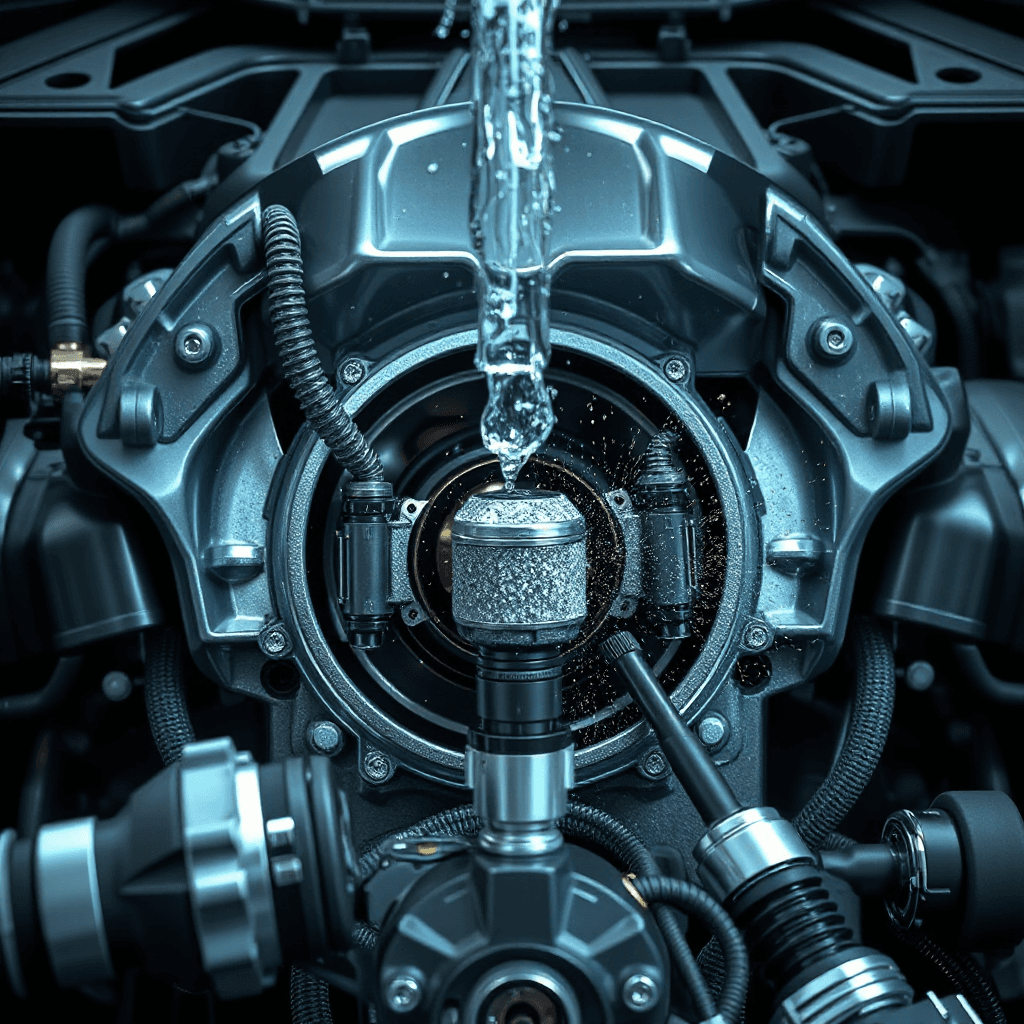 Fuel injector cleaning animation inside modern car engine, carbon deposits dissolving, futuristic automotive technology CGI, ultra detailed mechanical visualization