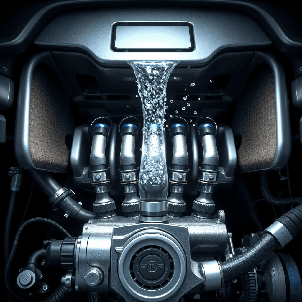 Fuel injector cleaning animation inside modern car engine, carbon deposits dissolving, futuristic automotive technology CGI, ultra detailed mechanical visualization