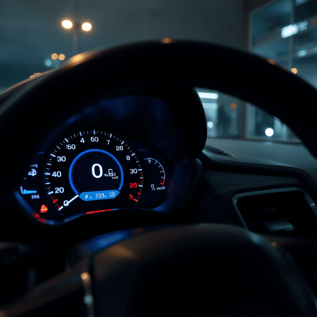 Modern car dashboard showing fuel consumption increasing slightly, cinematic interior lighting, realistic automotive photography, premium vehicle cockpit