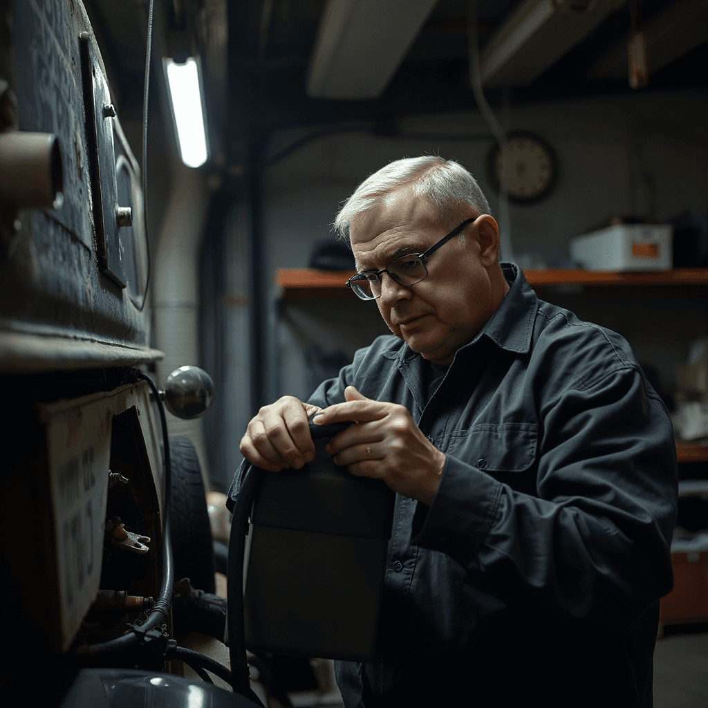 Mechanic inspecting old vehicle fuel lines and rubber components inside garage, dramatic workshop lighting, realistic automotive repair documentary style