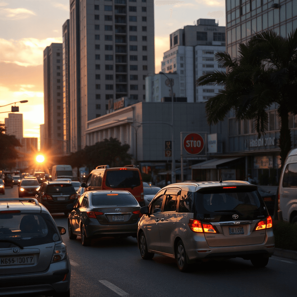 Busy Ho Chi Minh City traffic at sunset with modern vehicles, cinematic urban atmosphere, realistic Vietnam street life, premium documentary style