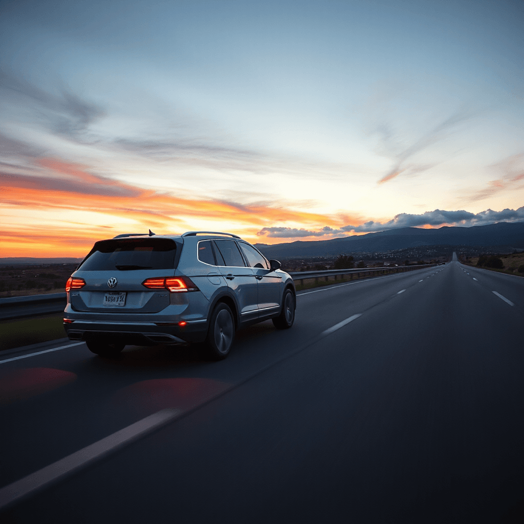Modern Volkswagen SUV driving on highway at sunset, premium automotive commercial, dramatic sky, realistic reflections, ultra realistic 4k