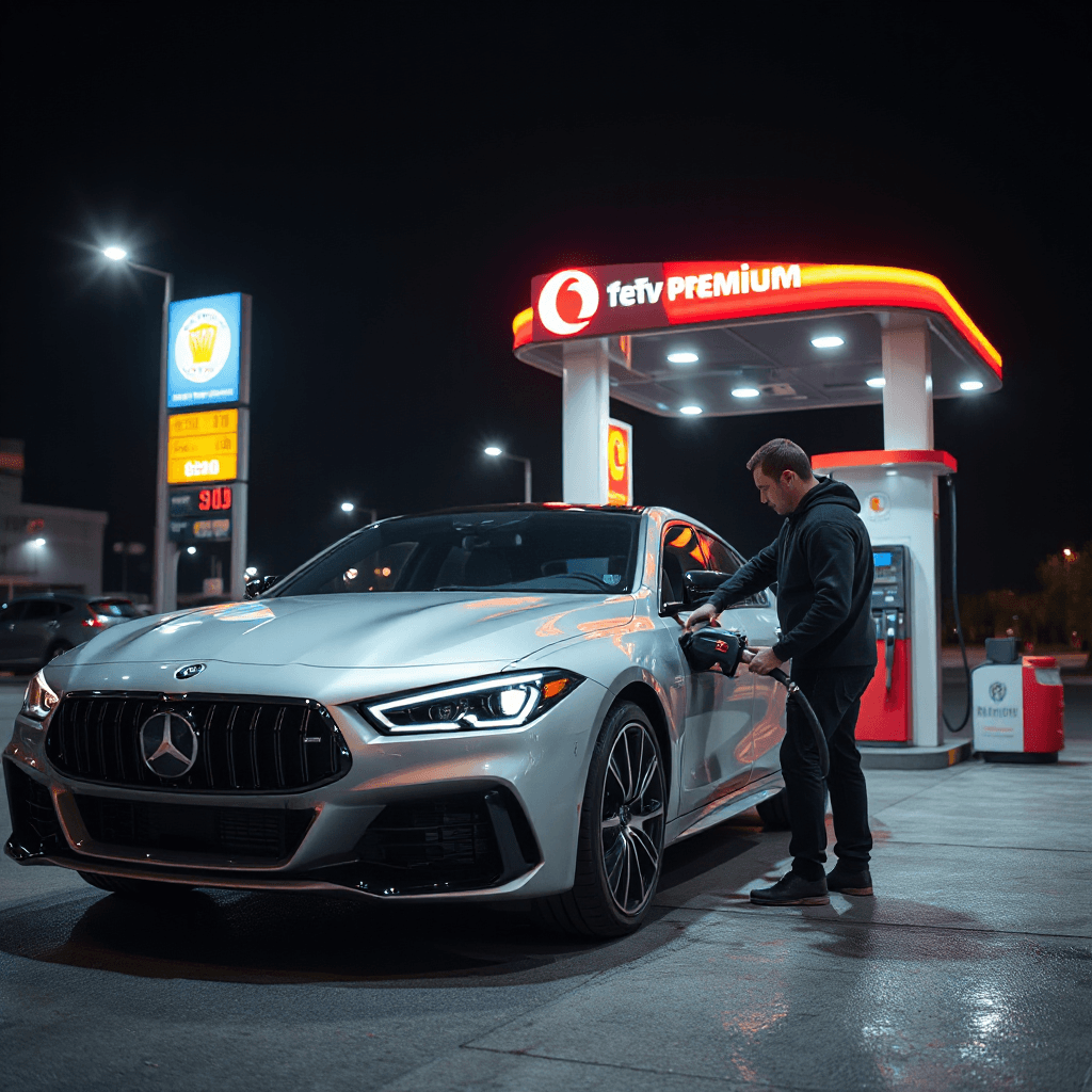 Driver refueling modern luxury vehicle at premium gas station, cinematic lighting, realistic reflections, automotive commercial style