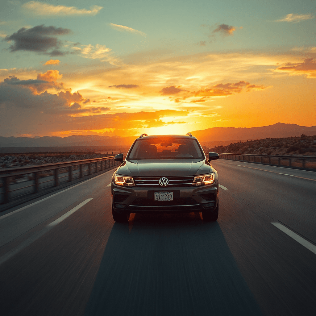 Volkswagen SUV driving into sunset on open highway, cinematic golden hour lighting, epic automotive commercial, realistic reflections, ultra detailed, emotional atmosphere