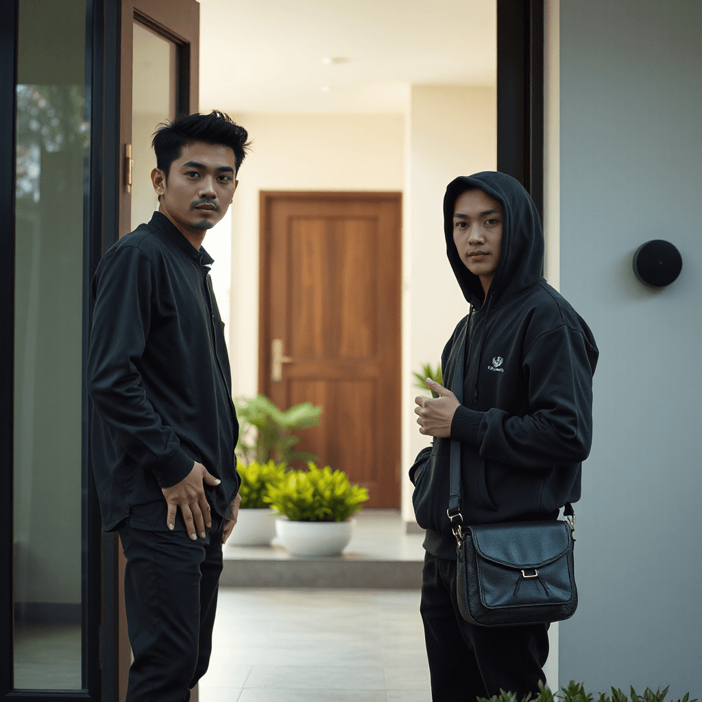 Dua pria Indonesia usia 20-an berdiri di depan pintu rumah sederhana modern di Indonesia, suasana siang hari natural dan realistis. Satu pria membuka pintu dengan ekspresi bingung dan curiga, memakai kaos abu-abu gelap. Pria satunya berdiri di luar rumah memakai hoodie abu terang dan tas ransel, terlihat canggung sambil menggerakkan tangan seperti sedang memulai obrolan basa-basi sebelum meminta sesuatu. Background rumah minimalis Indonesia dengan tanaman hijau kecil di samping pintu. Cinematic lighting, candid photography style, natural skin texture, emotional expression, Indonesian atmosphere, shallow depth of field, ultra realistic, 35mm photography, soft warm daylight, relatable social interaction, no text, no watermark, 16:9 aspect ratio.