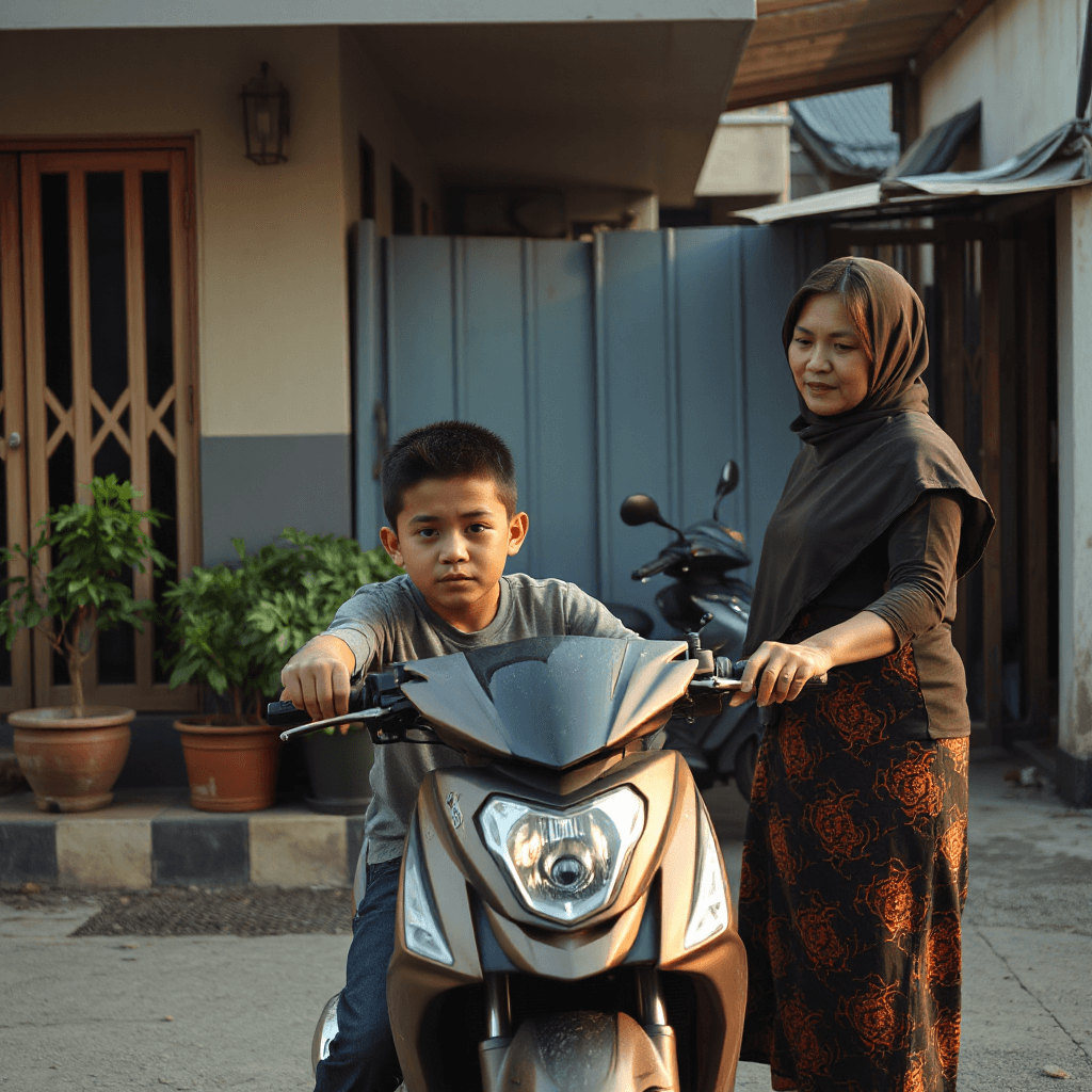 Seorang pemuda Indonesia baru keluar rumah sambil memegang helm motor, dihentikan oleh ibu tetangga paruh baya yang tersenyum ramah di gang kecil perumahan Indonesia. Pemuda terlihat bingung setengah awkward sambil berhenti melangkah. Suasana gang komplek Indonesia yang hangat dan realistis, ada motor parkir, tanaman pot, pagar rumah sederhana. Natural candid interaction, cinematic composition, warm afternoon lighting, relatable Indonesian neighborhood culture, expressive faces, documentary photography style, ultra realistic, detailed environment, no text, no watermark, 16:9 aspect ratio.