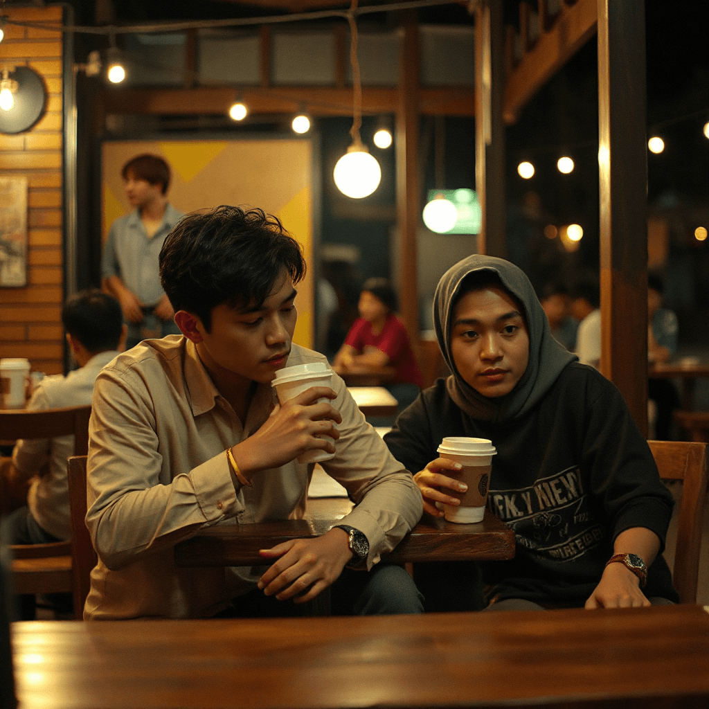 Dua sahabat pria Indonesia sedang duduk di warung kopi sederhana malam hari. Satu orang terlihat semangat mengajak nongkrong sambil tersenyum lebar, sedangkan temannya tersenyum terpaksa dengan ekspresi lelah dan mata kosong seolah sebenarnya ingin pulang tidur. Ada gelas kopi dan suasana tongkrongan Indonesia yang realistis. Emotional contrast between spoken politeness and inner exhaustion. Warm cinematic lighting, shallow depth of field, highly detailed face expressions, realistic candid photography, relatable Indonesian youth culture, no text, no watermark, 16:9 aspect ratio.