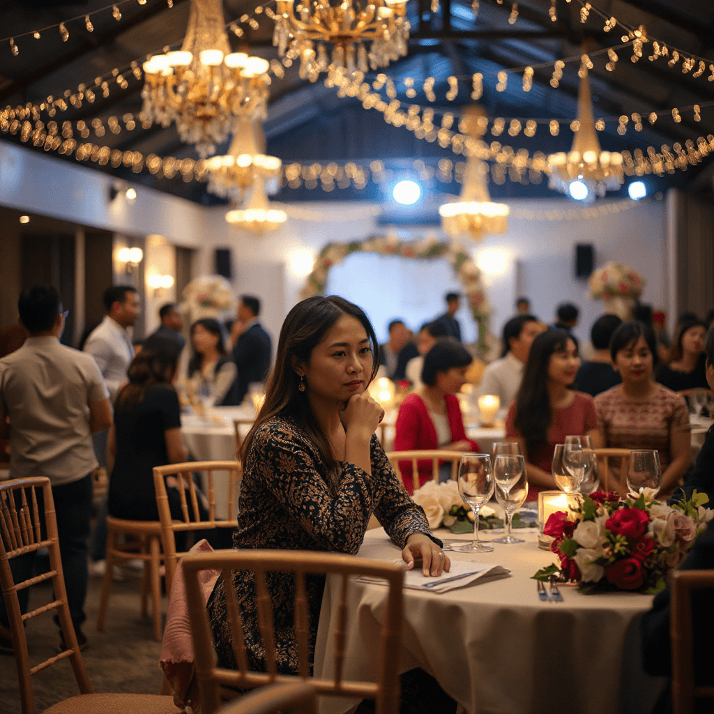 A 29-year-old Indonesian woman sitting alone at a wedding reception table, surrounded by happy guests talking and laughing, she looks thoughtful and slightly awkward, elegant wedding venue with warm fairy lights, beautiful floral decorations, guests blurred in background, emotional loneliness in a crowd, cinematic composition, focus on facial expression, evening wedding atmosphere, ultra realistic photography, Indonesian people, cinematic storytelling, emotional atmosphere, documentary style, 16:9
