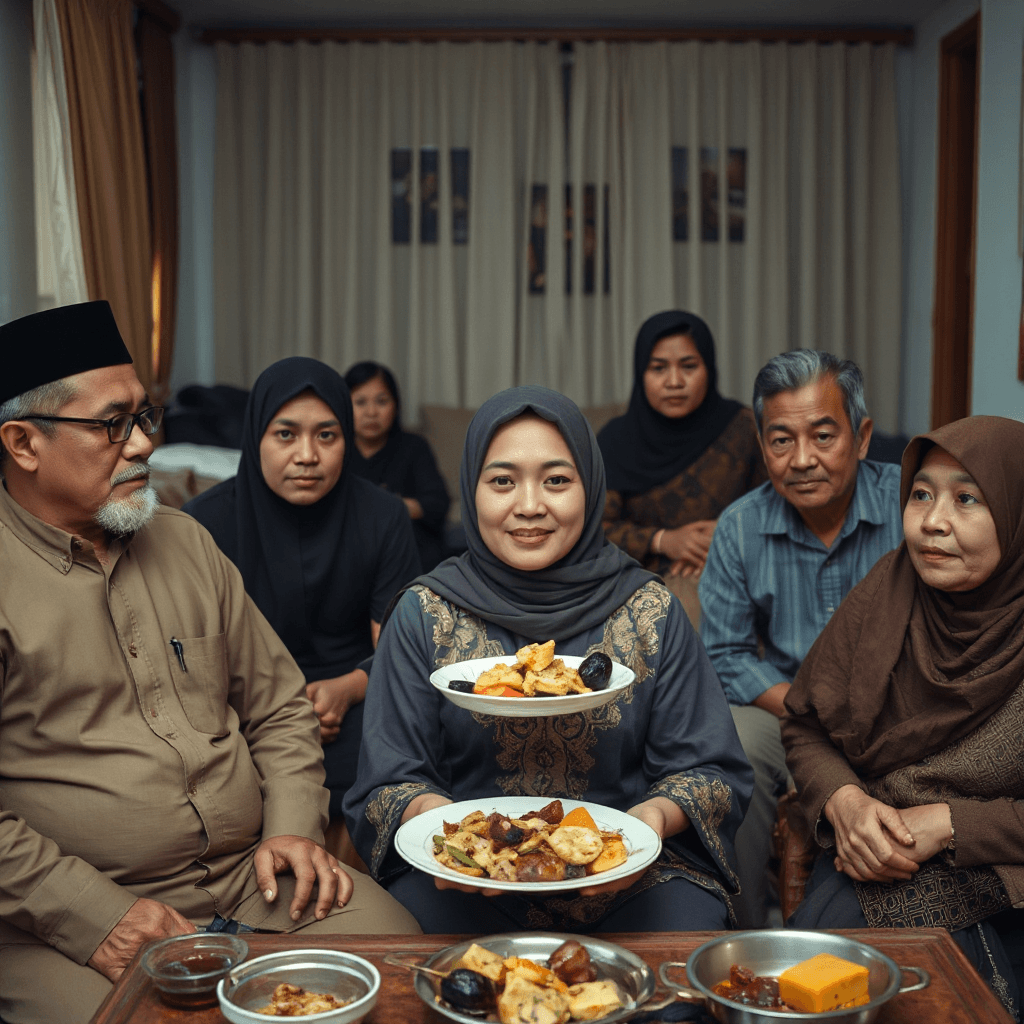 Indonesian family gathering during Eid celebration, large family sitting together in living room, several older relatives looking at one unmarried woman in her late twenties, woman smiling awkwardly while holding a plate of food, subtle social pressure, realistic Indonesian home, warm family atmosphere, cinematic emotional storytelling, documentary photography, ultra realistic, 16:9