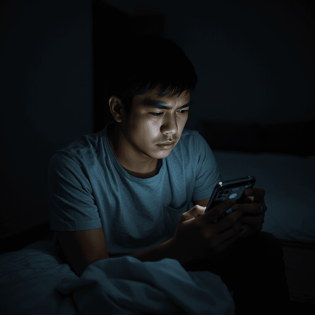 Young Indonesian man sitting alone at night looking at smartphone, worried expression, dark room illuminated only by phone screen, multiple family chat notifications arriving, emotional stress and pressure, realistic bedroom, cinematic lighting, highly detailed face, documentary style photography, ultra realistic, 16:9