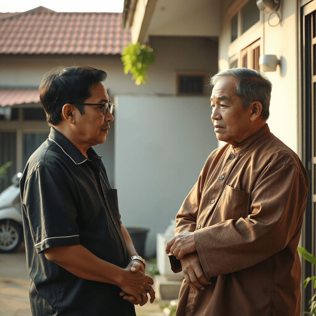 Middle-aged Indonesian parents talking seriously outside their home with concerned expressions, discussing their unmarried adult child, neighborhood atmosphere, realistic Indonesian residential area, emotional family concern, warm afternoon sunlight, cinematic storytelling, ultra realistic photography, 16:9