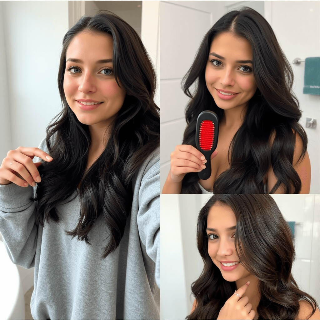 UGC Video Prompt – Ava Skye & Electronic Aromatherapy Massage Comb
Style: Authentic UGC, beauty influencer content, natural lighting, realistic product demonstration, vertical 9:16 for TikTok/Reels.
Prompt:
Ava Skye, a 24-year-old beauty influencer with long wavy black hair, blue-green eyes, light freckles, wearing an oversized gray hoodie and minimal jewelry, stands in a bright modern bathroom. She looks directly into the camera with a friendly smile and speaks naturally as if sharing a personal haircare discovery.
Scene 1 (Hook – 0-3 sec): Close-up selfie angle. Ava runs her fingers through slightly frizzy hair.
Ava says:
"My hair used to look dull and messy every morning..."
Scene 2 (Product Introduction – 3-8 sec): She holds up the Electronic Aromatherapy Massage Comb. The red LED light activates and glows visibly between the bristles.
Ava says:
"Then I started using this Electronic Aromatherapy Massage Comb with red-light therapy."
Scene 3 (Demonstration – 8-18 sec): Medium shots and close-ups of Ava slowly brushing through her hair. The comb emits a visible soft red light while moving through her hair. Relaxed expression, cinematic close-ups of shiny hair strands, gentle scalp massage.
Ava says:
"It feels incredibly relaxing, helps me unwind, and my hair looks smoother and healthier after every use."
Scene 4 (Results – 18-25 sec): Before-and-after split screen. Left side: slightly messy hair. Right side: smoother, shinier, more polished hair after brushing.
Ava says:
"Look at the difference. My hair feels softer, looks shinier, and my scalp feels refreshed."
Scene 5 (Call to Action – 25-30 sec): Ava smiles confidently while holding the comb next to her hair.
Ava says:
"If you're serious about your haircare routine, this is definitely worth trying."
Video Details:
Natural daylight
Realistic skin texture
Soft beauty lighting
Visible red LED glow from the comb
Shallow depth of field
Premium UGC aesthetic
Smooth handheld camera movement
Clean modern bathroom backg