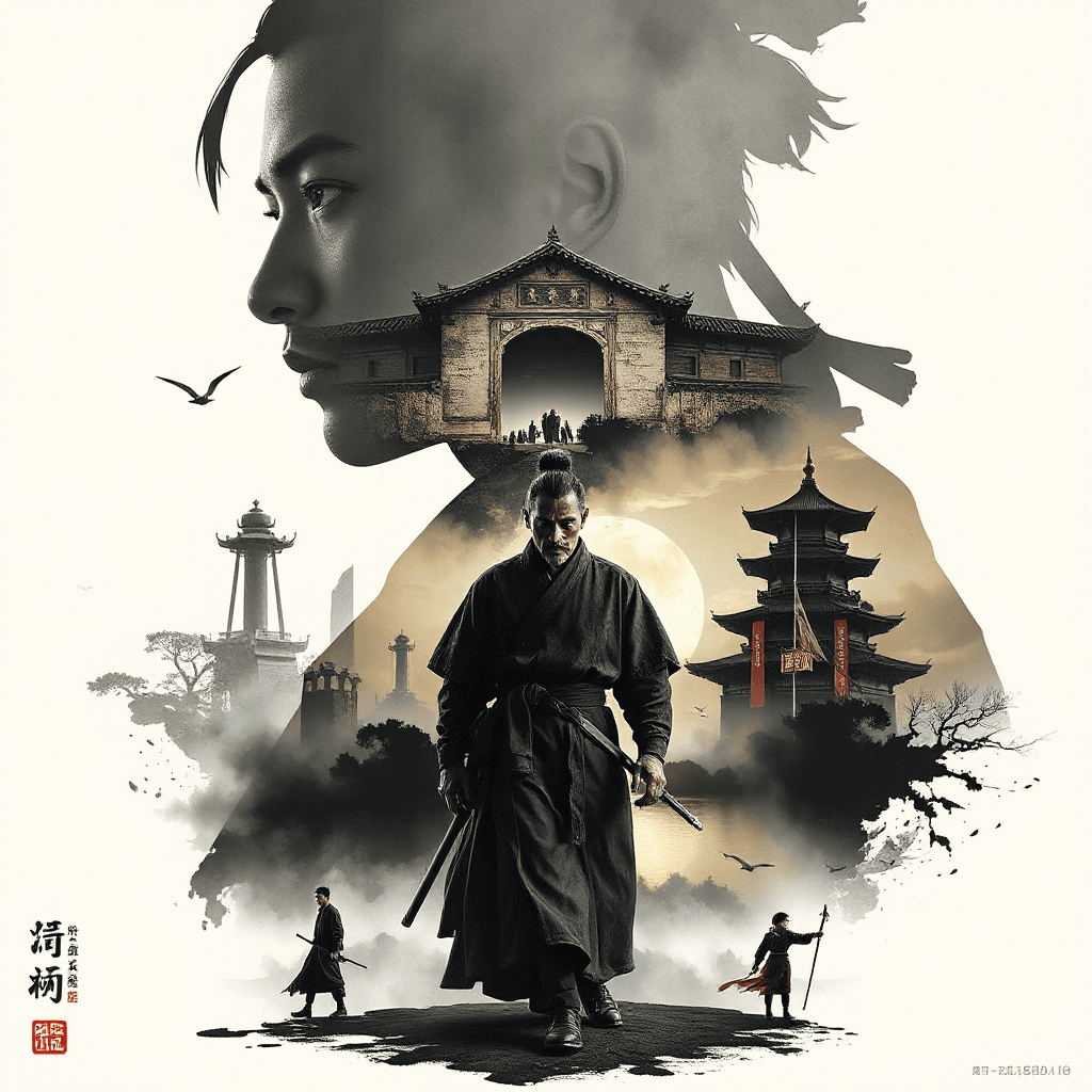 Use the reference image for exact facial expression to Create a character promotional poster, using a unified vertical (portrait) key visual composition.
Each poster follows a hierarchy of large top smaller bottom structure:
The upper half of the composition features a highly recognizable large silhouette of the character - focusing on the head, facial contour, mask, or upper-body outline - forming a bold and iconic primary visual.
The middle to lower section includes a full-body
version of the character as the secondary subject, shown in a stable standing pose or with subtle motion, serving as the visual core of the composition.
Inside the large silhouette and around the character, apply double exposure and collage-style storytelling, blending multiple scenes, symbolic elements, small character interactions, supporting visuals, and environments into layered compositions of mist, ink wash, and negative space.
On both the left and right sides, place complementary supporting elements to create narrative tension and spatial balance.
A flowing visual line should run through the entire composition (top to bottom), connecting the main character, internal collage elements, and the large silhouette above - enhancing cohesion and guiding the viewer's eye.
The overall composition should preserve large areas of negative space, with edges treated using ink diffusion, soft blurring, and fragmented fading, evoking an Eastern aesthetic of balance between emptiness and form.
The overall style should feel refined, restrained, premium, and cohesive, emphasizing depth, storytelling, strong visual impact, and a consistent series identity.
Aspect ratio: 9:16.