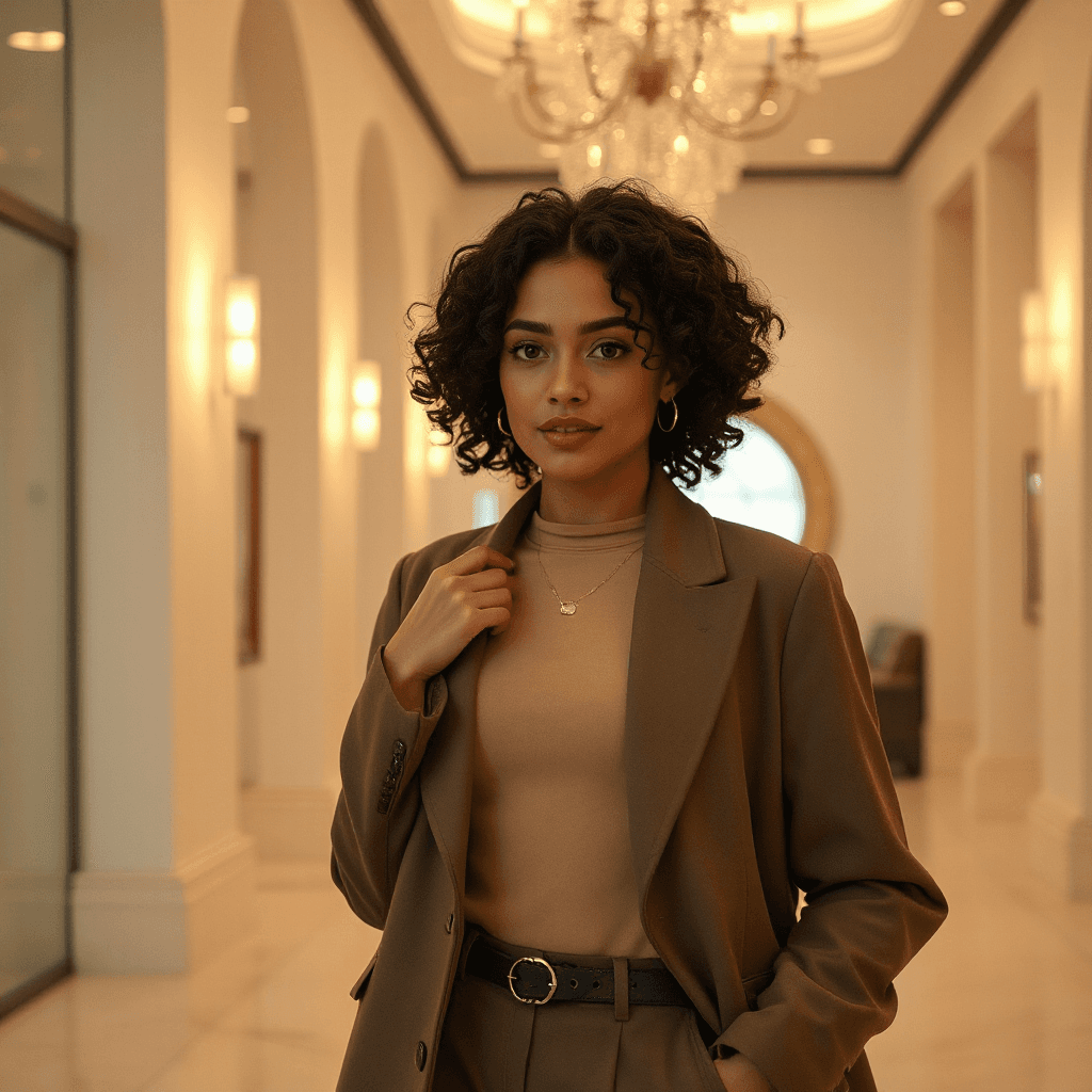 Ultra realistic, female, influencer, 18-24 years old, fair skin tone, black curly hair, brown eyes, curvy build, Luxury Lifestyle, Fashion Model, Business Pro, aesthetic, Instagram influencer, professional photography, cinematic lighting, 8K resolution., in realistic style