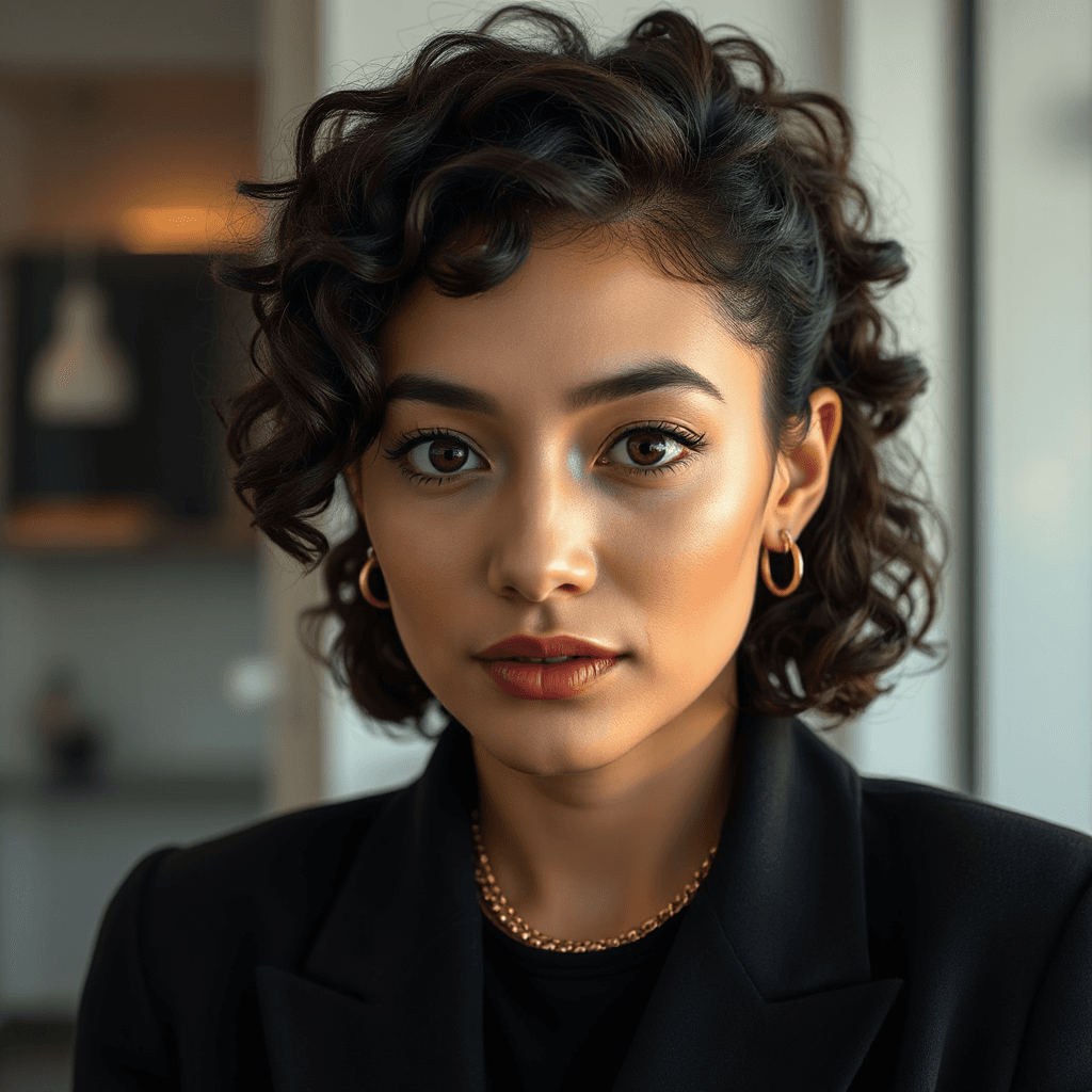 Ultra realistic, female, influencer, 18-24 years old, fair skin tone, black curly hair, brown eyes, curvy build, Luxury Lifestyle, Fashion Model, Business Pro, aesthetic, Instagram influencer, professional photography, cinematic lighting, 8K resolution., in realistic style